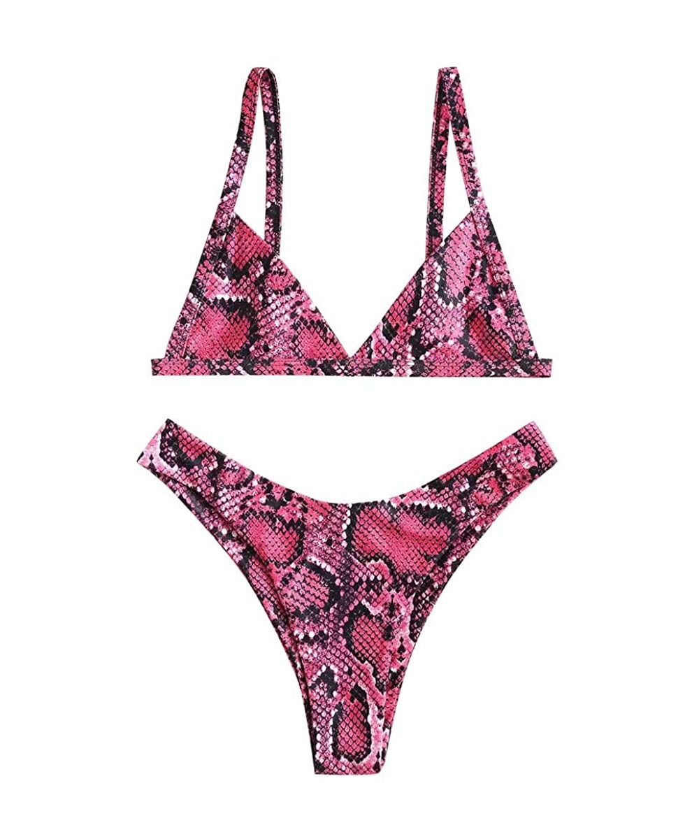 Sets Summer Women Cool Swimsuit Snake Skin High Cut V Neck Two Pieces Bikini Swimwear Beachwear - Pink - C1197E3S7E8