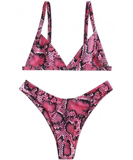 Sets Summer Women Cool Swimsuit Snake Skin High Cut V Neck Two Pieces Bikini Swimwear Beachwear - Pink - C1197E3S7E8