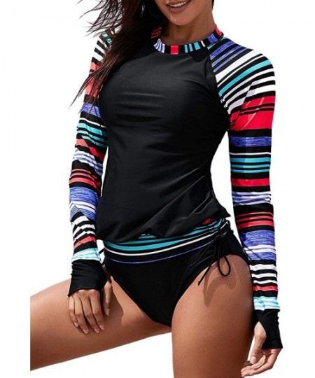 Rash Guards Womens Sunscreen Striped Printed Long Sleeve Rashguard Shirt Tankini Swimsuit Top No Bottom - Black - C718RMD9EW2