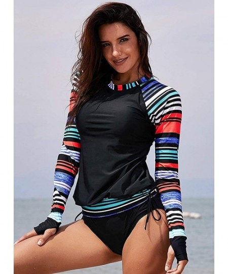 Rash Guards Womens Sunscreen Striped Printed Long Sleeve Rashguard Shirt Tankini Swimsuit Top No Bottom - Black - C718RMD9EW2