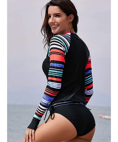 Rash Guards Womens Sunscreen Striped Printed Long Sleeve Rashguard Shirt Tankini Swimsuit Top No Bottom - Black - C718RMD9EW2