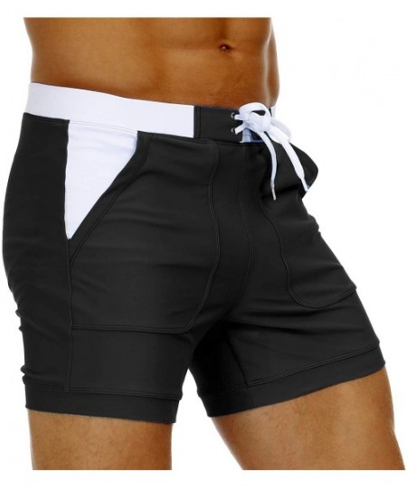 Briefs Mens Beach Swimming Trunks Board Shorts Boxer Briefs Swim Underwear with Pocket - Black - CN195NC7CWH