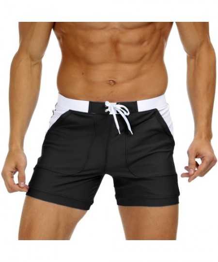 Briefs Mens Beach Swimming Trunks Board Shorts Boxer Briefs Swim Underwear with Pocket - Black - CN195NC7CWH