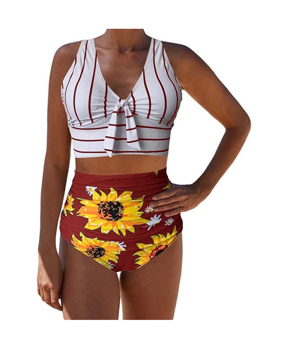 Sets Womens 2 Pieces Bowknot Shirre V Neck Bikini Sets Push Up Sunflower Print High Waist Bottom Swimsuits - Red - CA196OOSANX