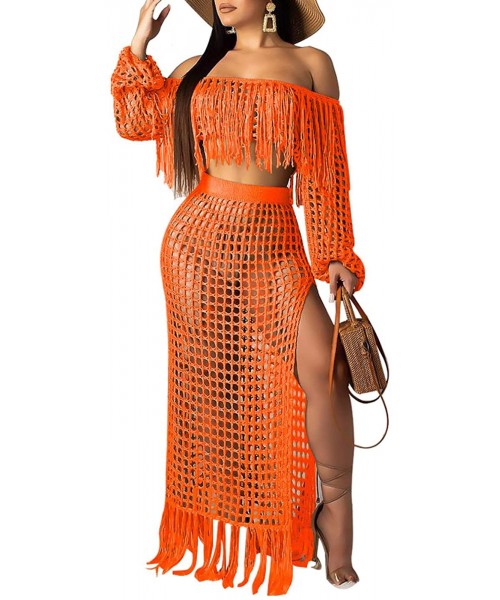 Cover-Ups Women Sexy Tassels Hollow Out 2 Piece Outfits See Through Off Shoulder Crop Top and Split Maxi Dress Set Bikini Cov...