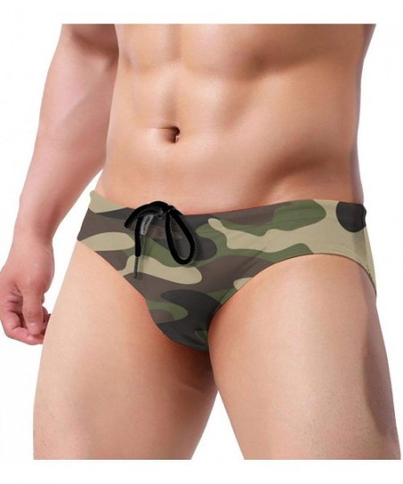 Briefs Mens Drawstring Bikini Briefs Bathing Suit - Green Brown Camo Camouflage - CI1976Y459S