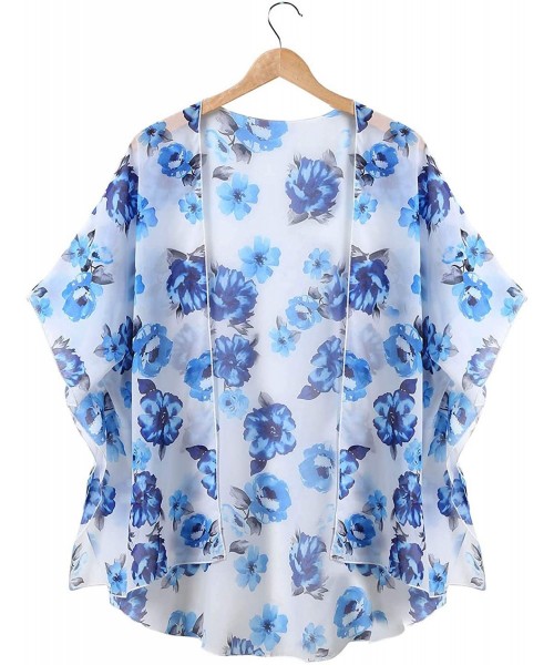 Cover-Ups Women Casual Floral Chiffon Kimono Cover Up Beach Wear Blouse Top - 54 Light Blue - CZ18STCKNOZ