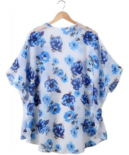 Cover-Ups Women Casual Floral Chiffon Kimono Cover Up Beach Wear Blouse Top - 54 Light Blue - CZ18STCKNOZ