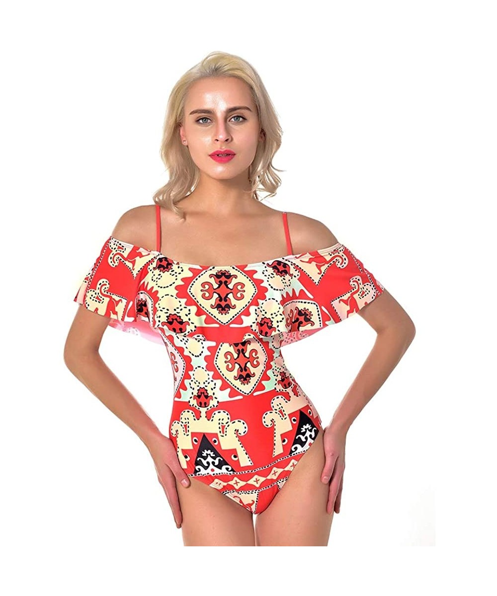 One-Pieces One Piece Off Shoulder Swimsuits for Women Floral Printed Flounce Ruffled Monokini Swimwear Bathing Suit - Red - C...