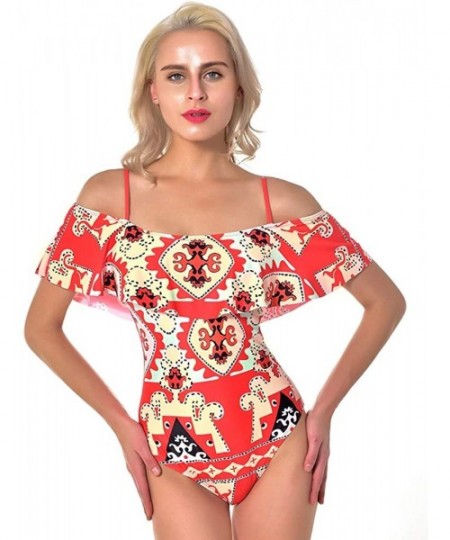 One-Pieces One Piece Off Shoulder Swimsuits for Women Floral Printed Flounce Ruffled Monokini Swimwear Bathing Suit - Red - C...