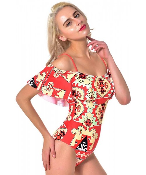 One-Pieces One Piece Off Shoulder Swimsuits for Women Floral Printed Flounce Ruffled Monokini Swimwear Bathing Suit - Red - C...