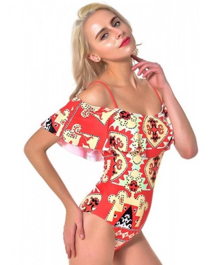 One-Pieces One Piece Off Shoulder Swimsuits for Women Floral Printed Flounce Ruffled Monokini Swimwear Bathing Suit - Red - C...