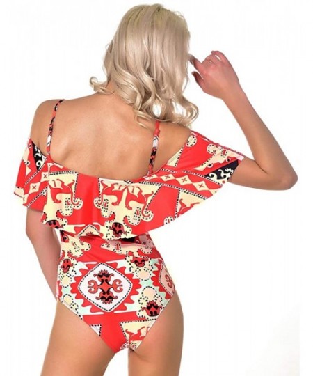 One-Pieces One Piece Off Shoulder Swimsuits for Women Floral Printed Flounce Ruffled Monokini Swimwear Bathing Suit - Red - C...