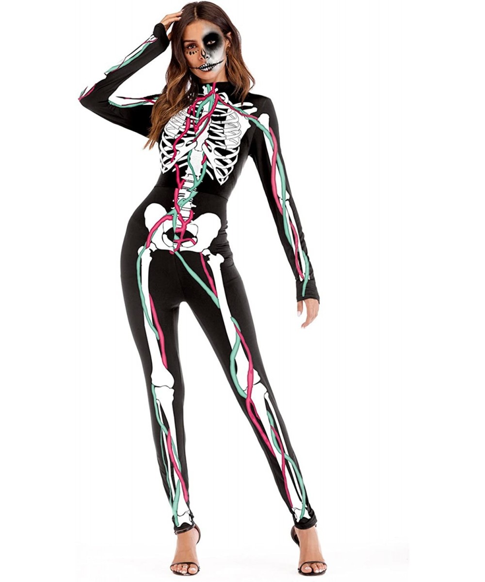 One-Pieces Women Halloween Skull Costume Printing Skeleton Cosplay Jumpsuit Romper - Print 55 - C618GRKSKWK