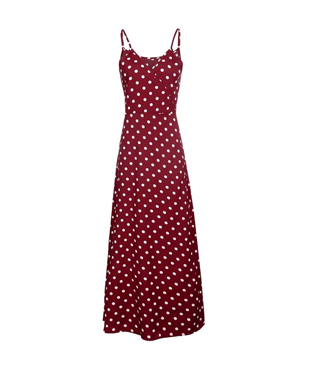 Racing Women Maxi Dresses Casual Polka Dot Boho Spaghetti Strap Empire Waist Beach Long Dresses - Wine - CQ18TZHCN26