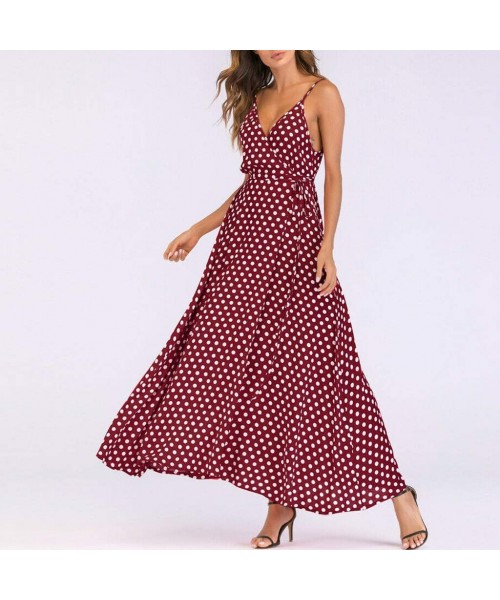 Racing Women Maxi Dresses Casual Polka Dot Boho Spaghetti Strap Empire Waist Beach Long Dresses - Wine - CQ18TZHCN26