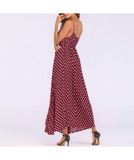 Racing Women Maxi Dresses Casual Polka Dot Boho Spaghetti Strap Empire Waist Beach Long Dresses - Wine - CQ18TZHCN26