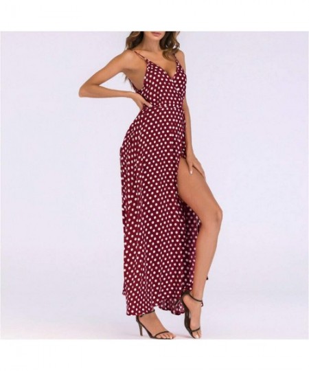 Racing Women Maxi Dresses Casual Polka Dot Boho Spaghetti Strap Empire Waist Beach Long Dresses - Wine - CQ18TZHCN26