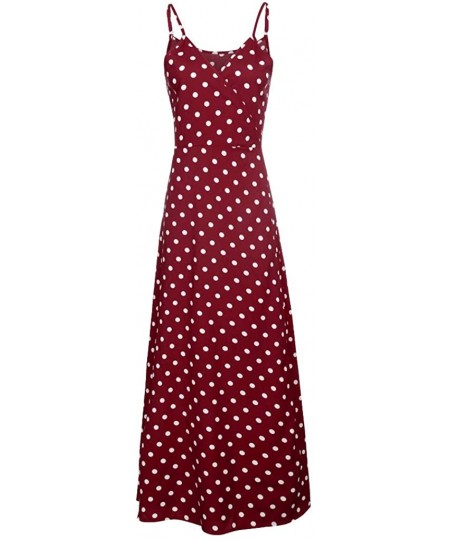 Racing Women Maxi Dresses Casual Polka Dot Boho Spaghetti Strap Empire Waist Beach Long Dresses - Wine - CQ18TZHCN26