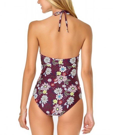 One-Pieces Women's Shirred Front Keyhole Highneck One Piece Swimsuit - In Full Bloom Wine Floral - CO18O2W8EM3