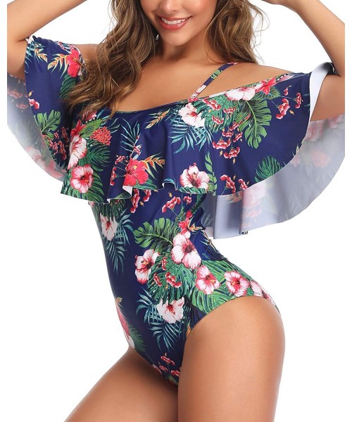 One-Pieces Women's One Piece Swimsuit Vintage Off Shoulder Ruffled Bathing Suits - Blue Tree - CL18WMYOTSR