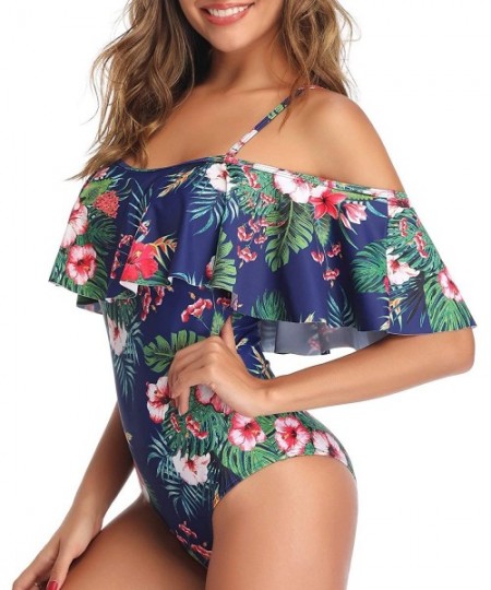 One-Pieces Women's One Piece Swimsuit Vintage Off Shoulder Ruffled Bathing Suits - Blue Tree - CL18WMYOTSR