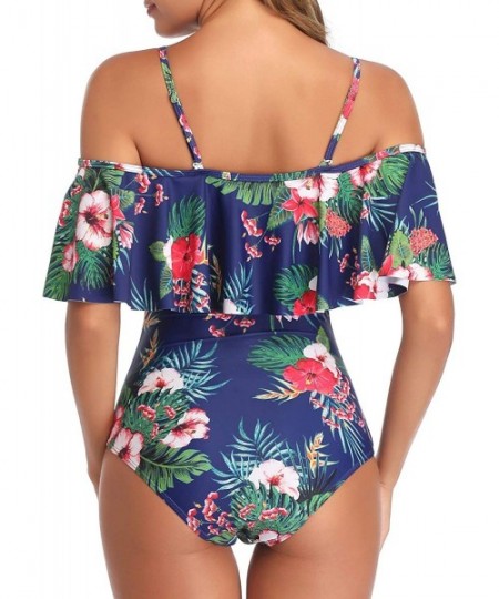 One-Pieces Women's One Piece Swimsuit Vintage Off Shoulder Ruffled Bathing Suits - Blue Tree - CL18WMYOTSR