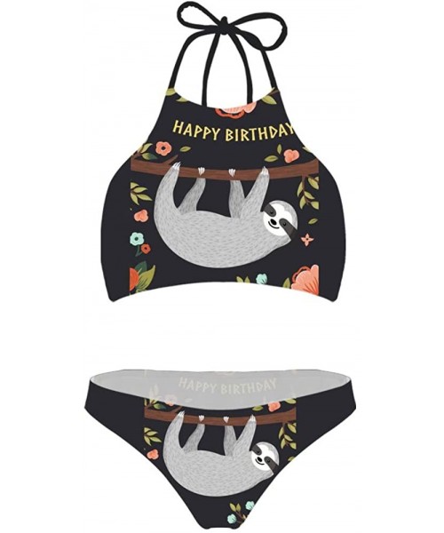 Sets Animal Print Bikini Set Two Piece Teen Girls Learn-to-Swim Lace Up Halter Swimwear - Sloth Flower - CT18OTNQSLS