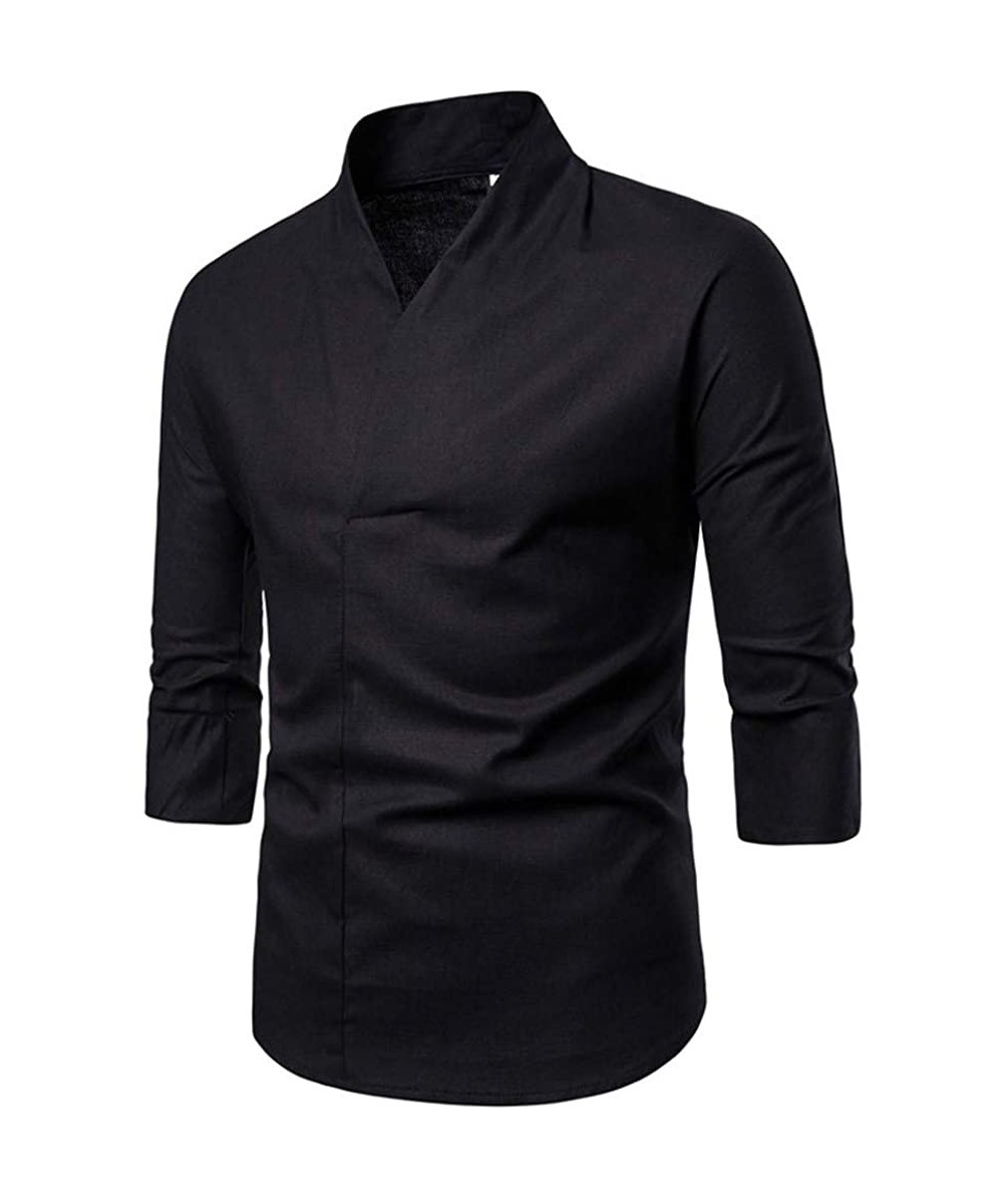 Cover-Ups Men's Chinese Traditional Linen Cotton Tai Chi Kung Fu Mandarin Shirt- Casual Beach T Shirts - Black014 - CZ19536ODS2