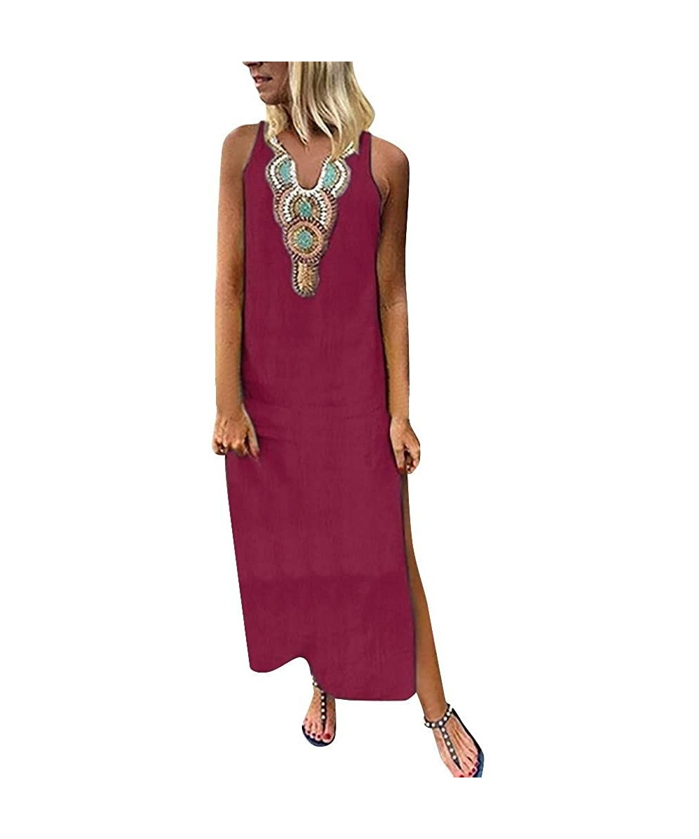 Cover-Ups Women Dresses Casual Loose Boho Side Slit Bohemian Tank Dress V Neck Sleeveless Summer Beach Long Maxi Dress Z 4 Wi...