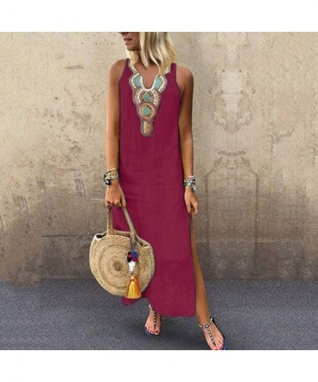 Cover-Ups Women Dresses Casual Loose Boho Side Slit Bohemian Tank Dress V Neck Sleeveless Summer Beach Long Maxi Dress Z 4 Wi...