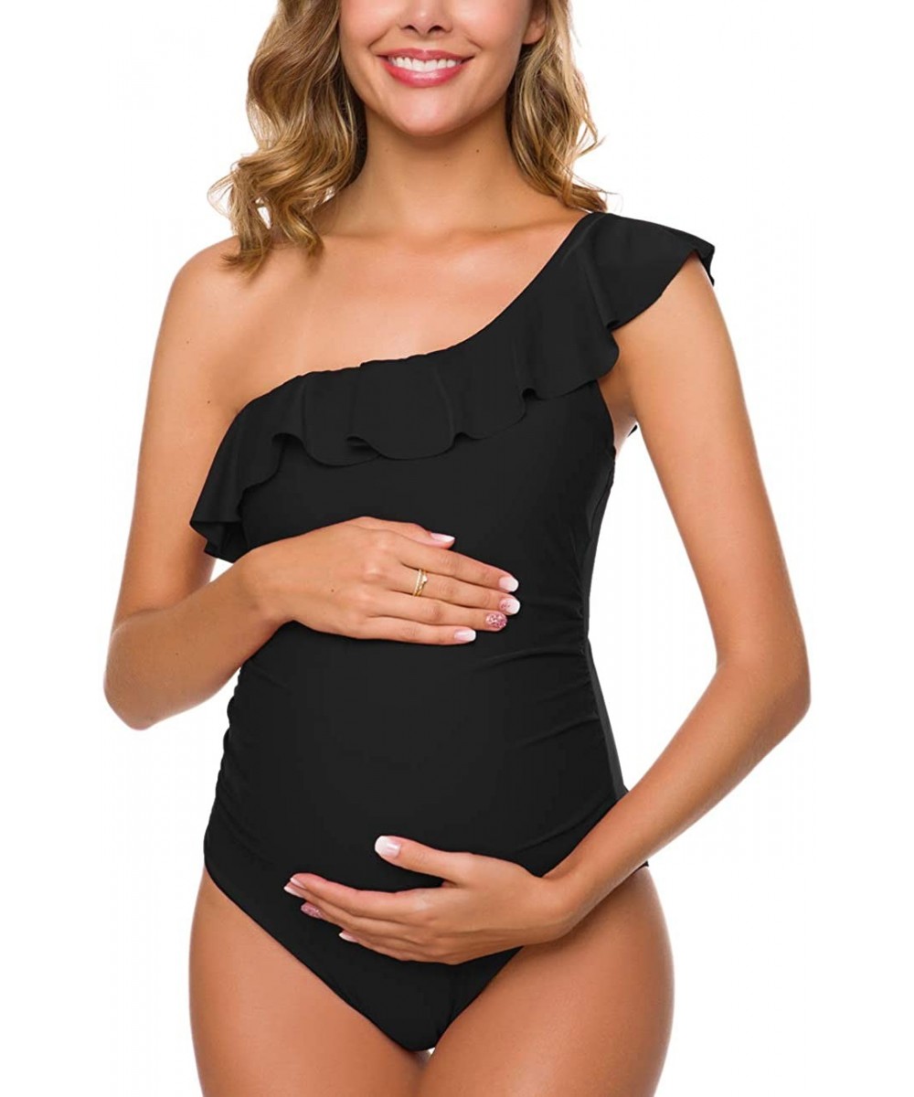 One-Pieces Women One Piece Maternity Swimsuits One Shoulder Swimwear Asymmetric Ruffle Flounce Monokini Bathing Suits Black -...