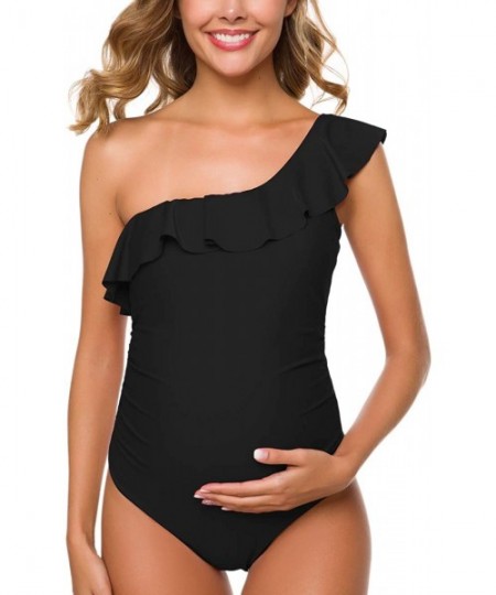 One-Pieces Women One Piece Maternity Swimsuits One Shoulder Swimwear Asymmetric Ruffle Flounce Monokini Bathing Suits Black -...