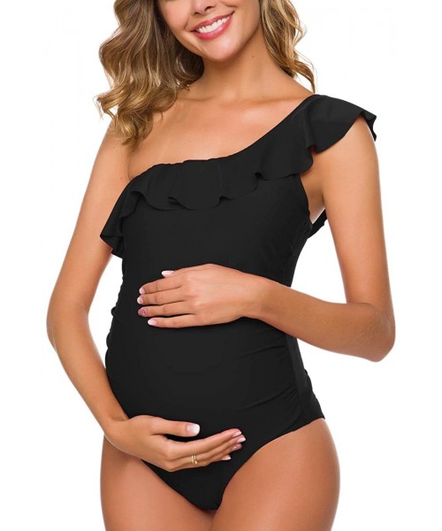 One-Pieces Women One Piece Maternity Swimsuits One Shoulder Swimwear Asymmetric Ruffle Flounce Monokini Bathing Suits Black -...