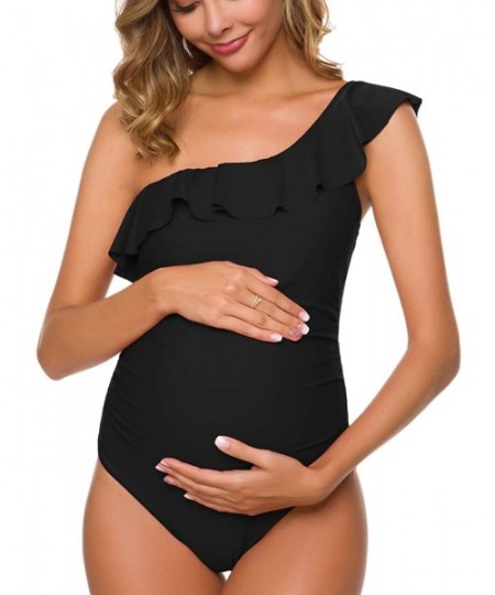 One-Pieces Women One Piece Maternity Swimsuits One Shoulder Swimwear Asymmetric Ruffle Flounce Monokini Bathing Suits Black -...