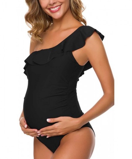 One-Pieces Women One Piece Maternity Swimsuits One Shoulder Swimwear Asymmetric Ruffle Flounce Monokini Bathing Suits Black -...