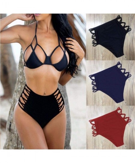 Tankinis Sexy Women's Bikini Retro High Waisted Strappy Brief Bottom Solid Tankini Swimsuit - Blue - CV18530SR3H