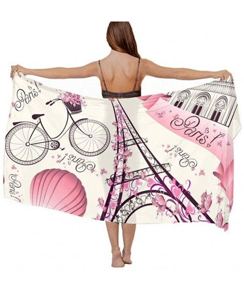 Cover-Ups Women Girl Fashion Chiffon Scarf Bikini Cover Up Summer Beach Sarong Wrap - Pink Paris Eiffel Tower - CO19C4IN6RN