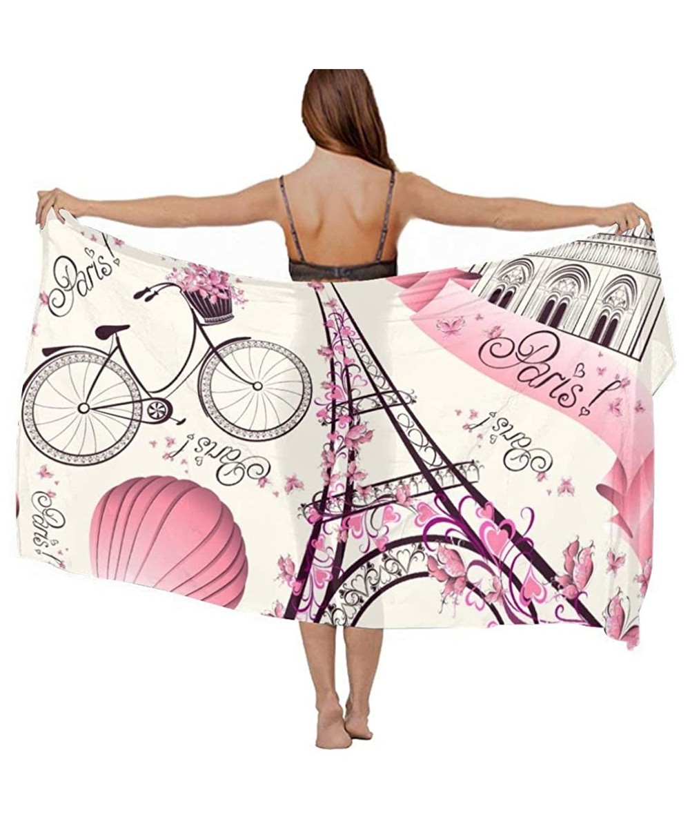 Cover-Ups Women Girl Fashion Chiffon Scarf Bikini Cover Up Summer Beach Sarong Wrap - Pink Paris Eiffel Tower - CO19C4IN6RN