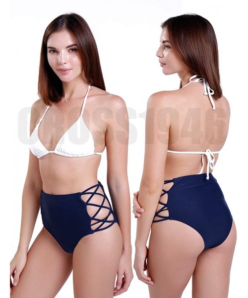 Tankinis Sexy Women's Bikini Retro High Waisted Strappy Brief Bottom Solid Tankini Swimsuit - Blue - CV18530SR3H