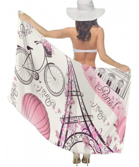 Cover-Ups Women Girl Fashion Chiffon Scarf Bikini Cover Up Summer Beach Sarong Wrap - Pink Paris Eiffel Tower - CO19C4IN6RN