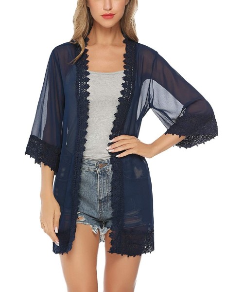 Cover-Ups Lace Kimono Cardigan for Women Casual Blouse Chiffon Cover up for Beach Bikini Swimsuit - Navy - CE18QHNWZ4T