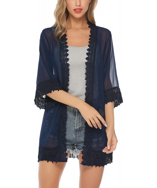 Cover-Ups Lace Kimono Cardigan for Women Casual Blouse Chiffon Cover up for Beach Bikini Swimsuit - Navy - CE18QHNWZ4T