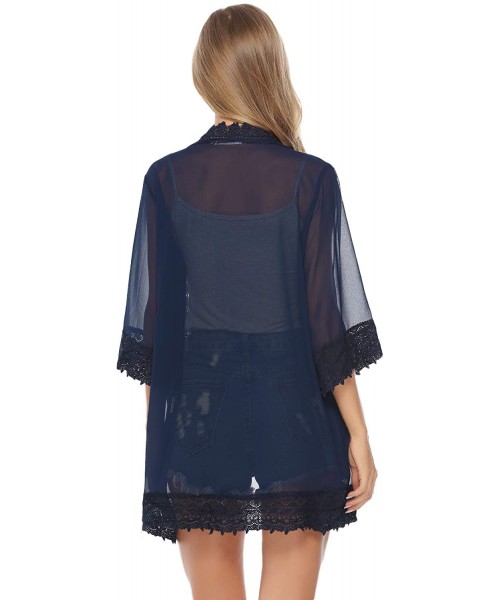 Cover-Ups Lace Kimono Cardigan for Women Casual Blouse Chiffon Cover up for Beach Bikini Swimsuit - Navy - CE18QHNWZ4T