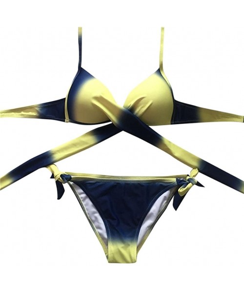 Sets Bikini-Women Halter Bandage Push-Up Padded Swimsuit Gradient Color - Yellow - CG1809CHG9H