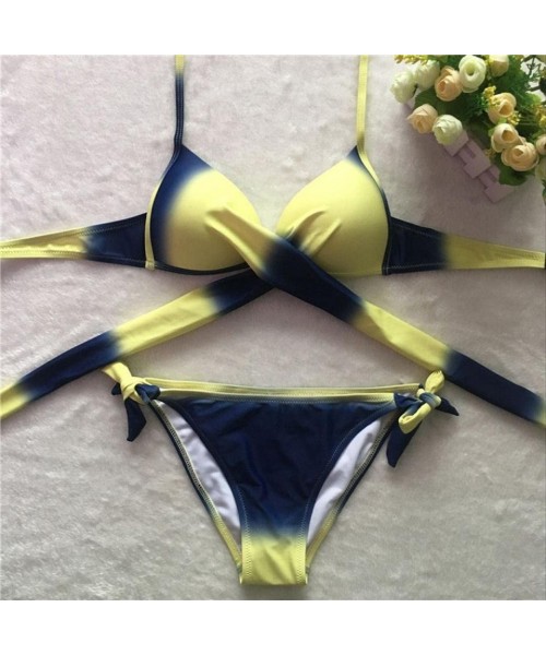 Sets Bikini-Women Halter Bandage Push-Up Padded Swimsuit Gradient Color - Yellow - CG1809CHG9H