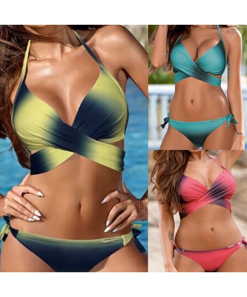 Sets Bikini-Women Halter Bandage Push-Up Padded Swimsuit Gradient Color - Yellow - CG1809CHG9H