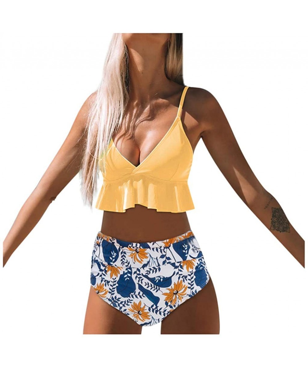 Sets Women's Sexy High Waisted Swimwear Ruffled Print Two Piece Swimsuit Beachwear Brazilian Bikini Set - A-yellow - CV194RMYZQO