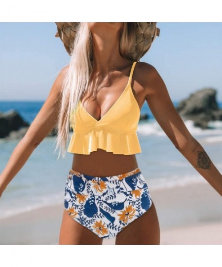 Sets Women's Sexy High Waisted Swimwear Ruffled Print Two Piece Swimsuit Beachwear Brazilian Bikini Set - A-yellow - CV194RMYZQO