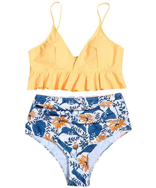 Sets Women's Sexy High Waisted Swimwear Ruffled Print Two Piece Swimsuit Beachwear Brazilian Bikini Set - A-yellow - CV194RMYZQO